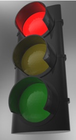 Image of stoplight showing red, yellow, and green. Red light is on.